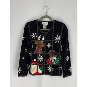 Mandal Bay Vintage Ugly Christmas Cardigan Sweater Womens Small Black Knit